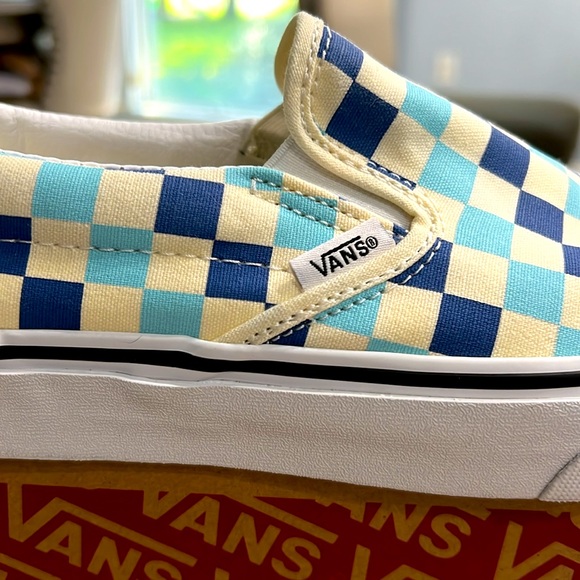 🎁🛹 Vans Slip-On Checkerboard Blue Topaz Sneaker - UNISEX WOMENS 8.0 | MENS 6.5 - Picture 7 of 7